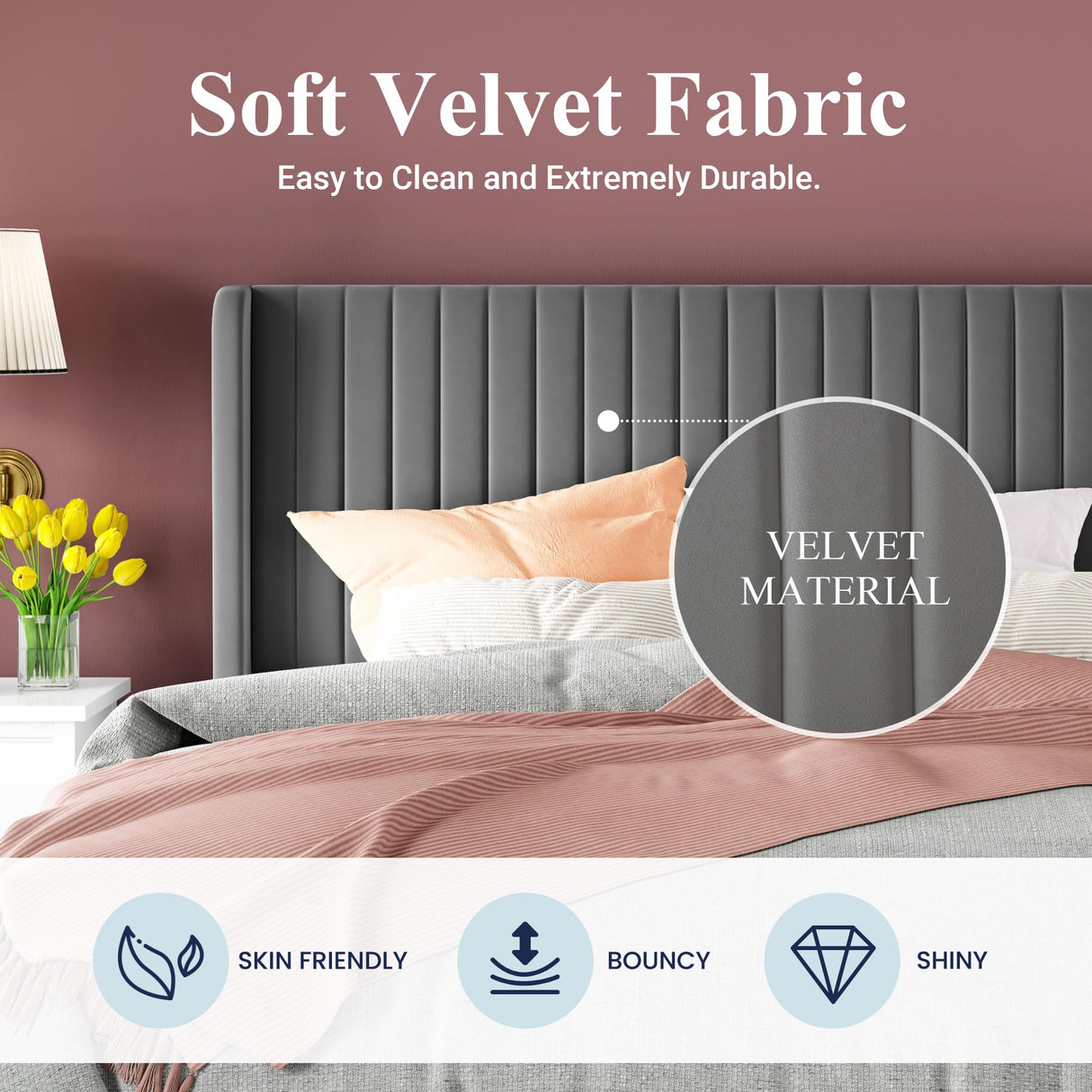 Allewie Full Size Velvet Bed Frame/Vertical Channel Tufted Wingback Headboard/Upholstered Platform Bed/Strong Wooden Slats/No Box Spring Needed/Easy Assembly/Grey Allewie