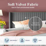 Allewie Full Size Velvet Bed Frame/Vertical Channel Tufted Wingback Headboard/Upholstered Platform Bed/Strong Wooden Slats/No Box Spring Needed/Easy Assembly/Grey Allewie