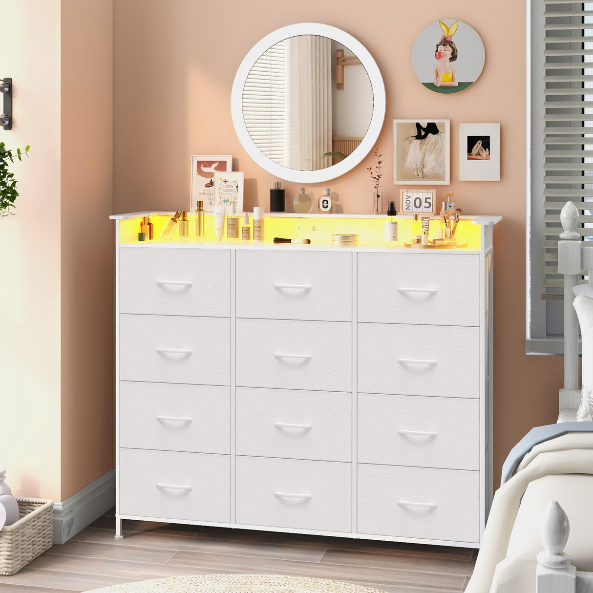 Welfuturer White Dresser with LED Lights and Charging Station for Bedroom 12 Drawers Dressers & Chest of Drawers Tall Dressers for Hallway Entryway Closets Living Rom Sturdy Steel Frame Wood Top Welfuturer
