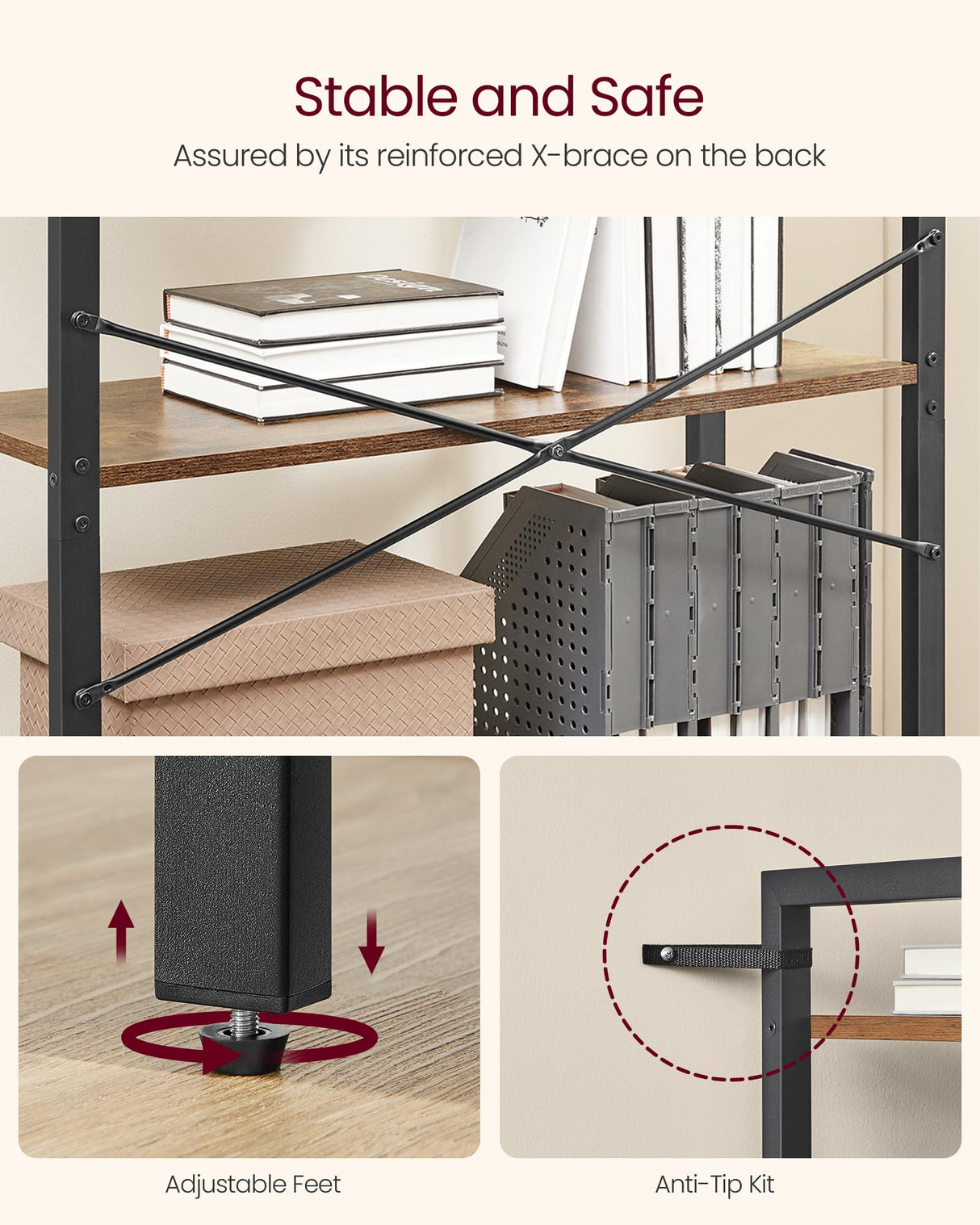 VASAGLE 5-Tier Bookshelf, Bookcase with Steel Frame, Book Shelf for Living Room, Home Office, Study, 11.8 x 31.5 x 60.2 Inches, Industrial Style, Rustic Brown and Ink Black ULLS081B01 VASAGLE