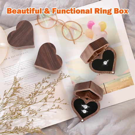 LETURE Wooden Heart Shape Ring Gift Box with Single Slot 2 Slot, Personalized Vintage Wood Jewelry Box for Proposal Engagement Wedding Ceremony Anniversary (Black-1 Slot) LETURE