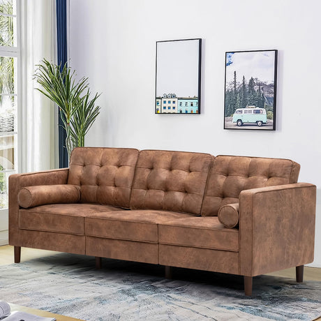 Lesofair 84" Suede Leather Sofa with 2 Soft Pillows, Tufted Modern Sofa with Sturdy Wooden Legs, 3 Seats Couch for Living Room, Office, Bedroom, Brown Lesofair