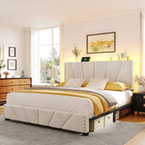 EnHomee Queen Bed Frame with Velvet Headboard and LED Lights, Storage Headboard with Charging Station, Bed Frame Queen Size with Sturdy Wooden Slats Support, Noise-Free, Easy Assembly, Beige EnHomee