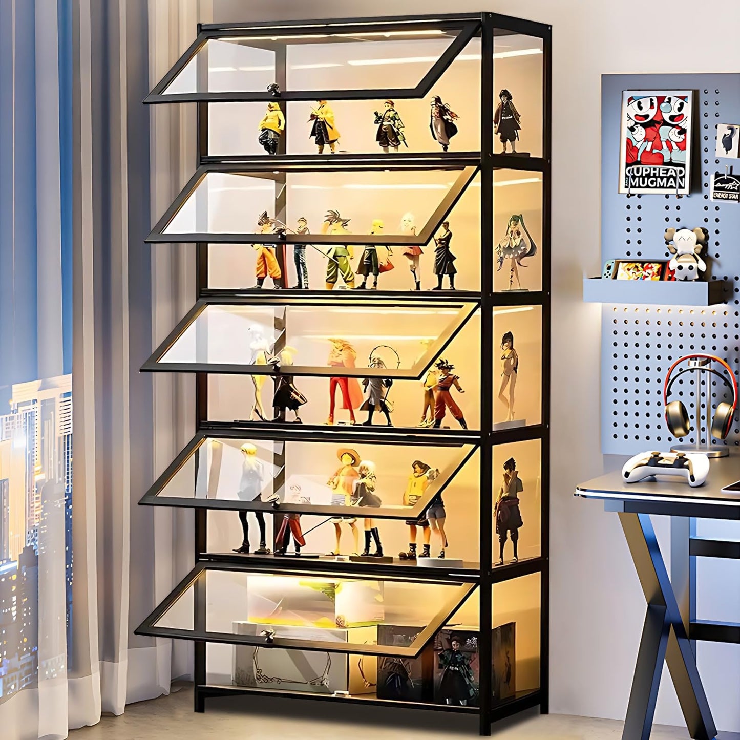 idhhco Display Cabinet with Acrylic Doors, 5-Tier Curio Display Case for Figures, Collectibles Toy Organizers Rack & Display Shelf, Kids Bookcasefor Home, Office, Playroom, Living Room