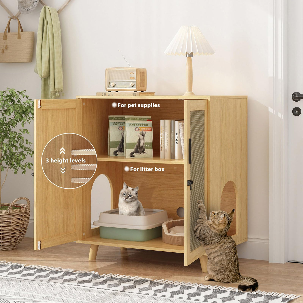 Lovinouse Large Cat Litter Box Enclosure, Hidden Cat Washroom Furniture with Sisal Covered Doors, 2 Layer Wooden Cat Cabinet with Adjustable Shelf, Side Table TV Stand for Living Room Lovinouse