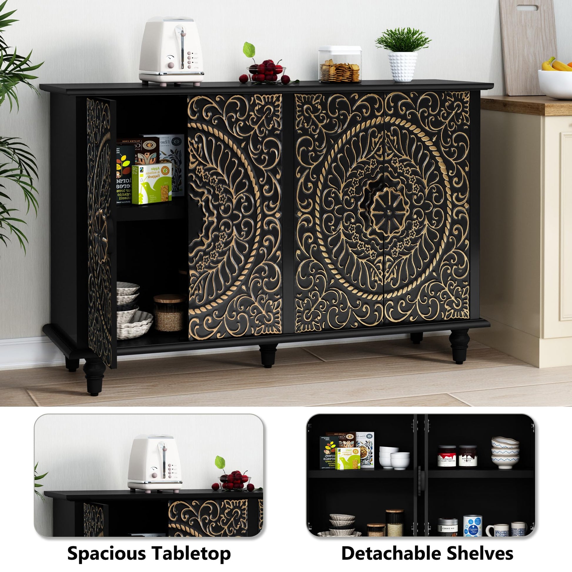 ARTPOWER Black Sideboard Buffet Cabinet with 4 Doors, Accent Decorative Storage Cabinet with Carved Flower Pattern, Wood Credenza Cabinet with storage for Hallway, Living Room, Kitchen, Dinin - WoodArtSupply