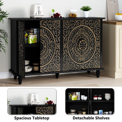 ARTPOWER Black Sideboard Buffet Cabinet with 4 Doors, Accent Decorative Storage Cabinet with Carved Flower Pattern, Wood Credenza Cabinet with storage for Hallway, Living Room, Kitchen, Dinin - WoodArtSupply