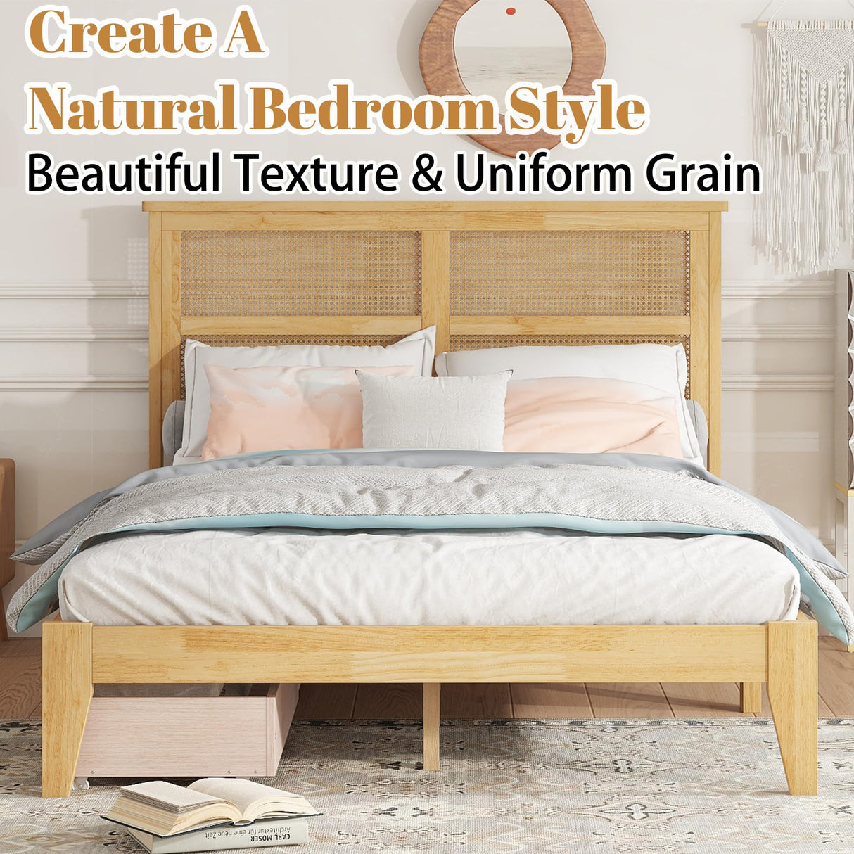 MoproBeti Full Bed Frame with Rattan Headboard,Rubber Wooden Boho Bed Frames with 2 Storage Drawers and Support Legs,No Box Spring Needed, White Oak MoproBeti