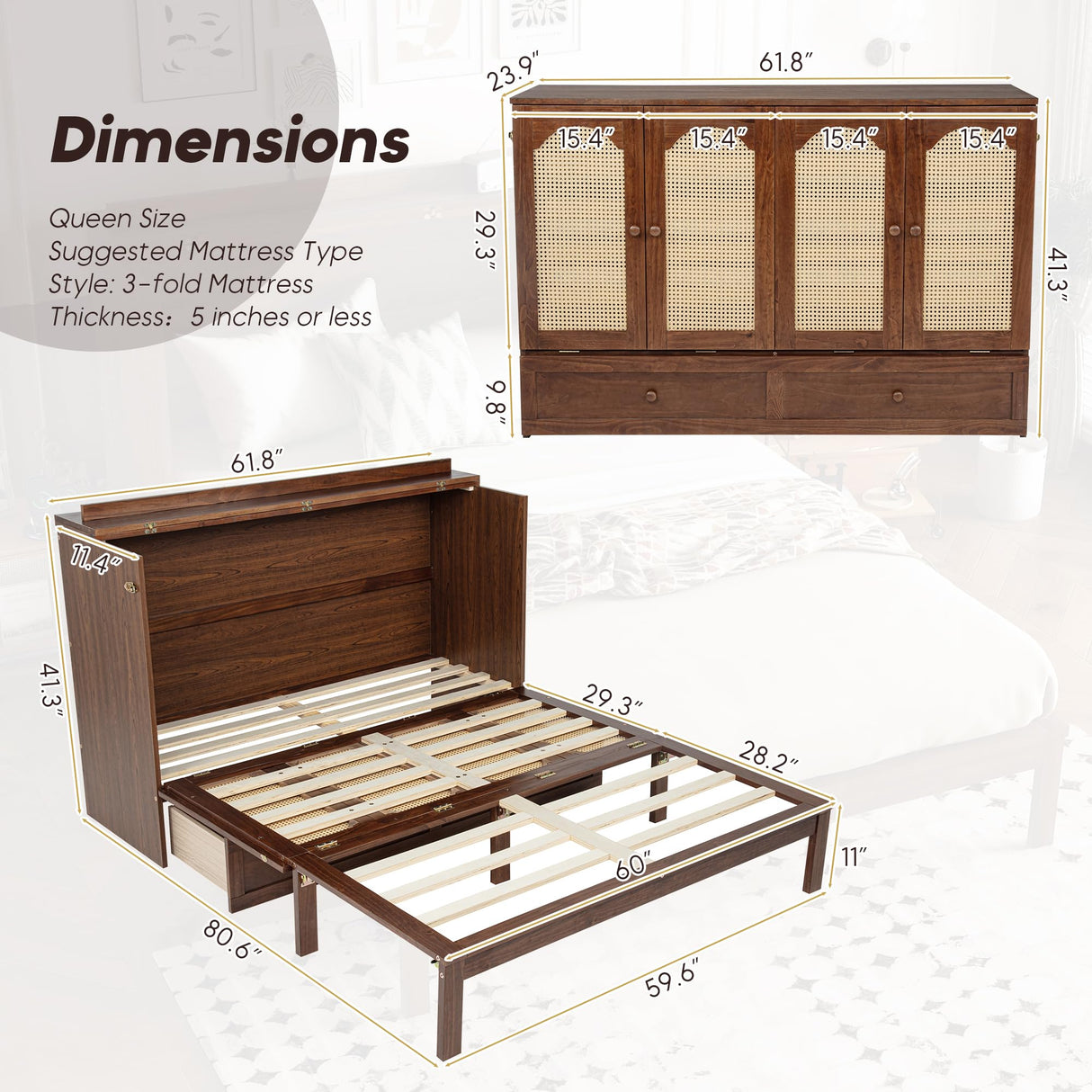 ZEIINPA Queen Murphy Bed Chest with Charging Station & Large Drawers, Wooden Cube Cabinet Bed with Foldable Bedframe for Apartment Living Room Bedroom(Mattress not Included) Walnut ZEIINPA