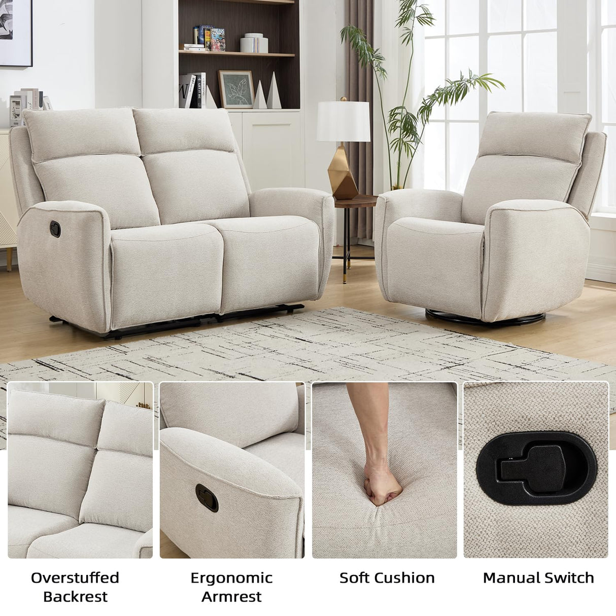 INZOY Manual Recliner Sofa Furniture Set for Living Room, Included Chenille Nursing Chairs Swivel Glider Recliners, Wall-Hugger 2 Seat Reclining Loveseat, Double Reclining Sofa Couch, Beige, 1+2 INZOY