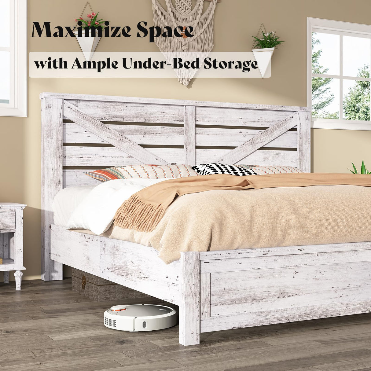 AMERLIFE King Size Distressed White Farmhouse Bed Frame with Barn Door Headboard and Under Bed Storage AMERLIFE