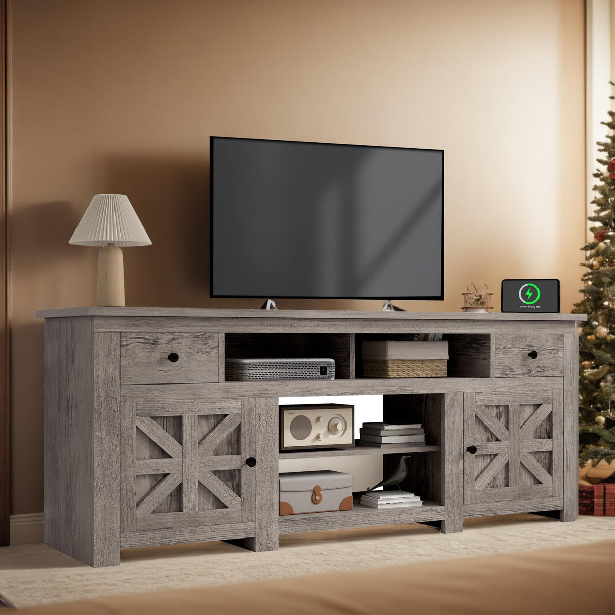DWVO Farmhouse TV Stand for 75 Inch TV, Entertainment Center with Storage Cabinets, Media Console, TV Table with Drawers, TV Stands for Living Room, Grey Oak DWVO