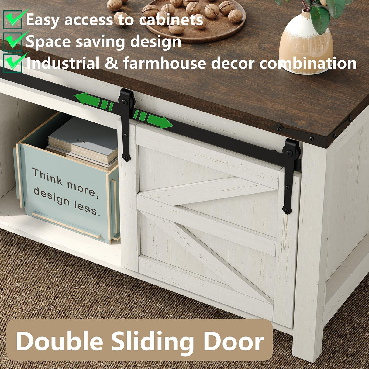 Furnihold Coffee Table 47.3'' Lift Top Coffee Table with Storage, Modern White Coffee Table with Sliding Barn Doors, Farmhouse & Rustic Rectangle Center Table for Living Room, Office, Brown Top Furnihold