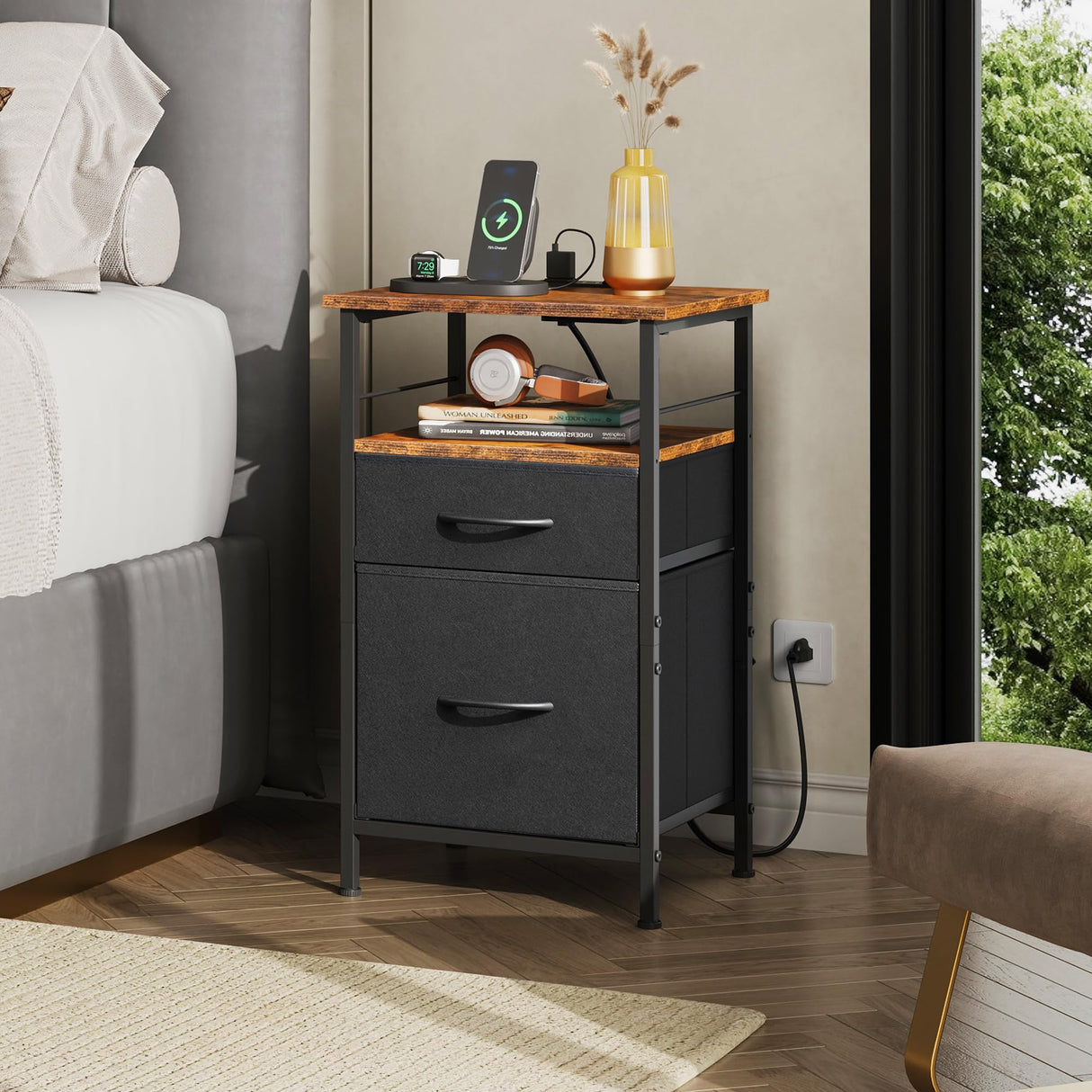 WLIVE Nightstand with Charging Station, Night Stand with 2 Fabric Drawers, Bedside Table, Small Dresser for Bedroom, Side Table with USB Ports and Outlets, Black and Rustic Brown WLIVE