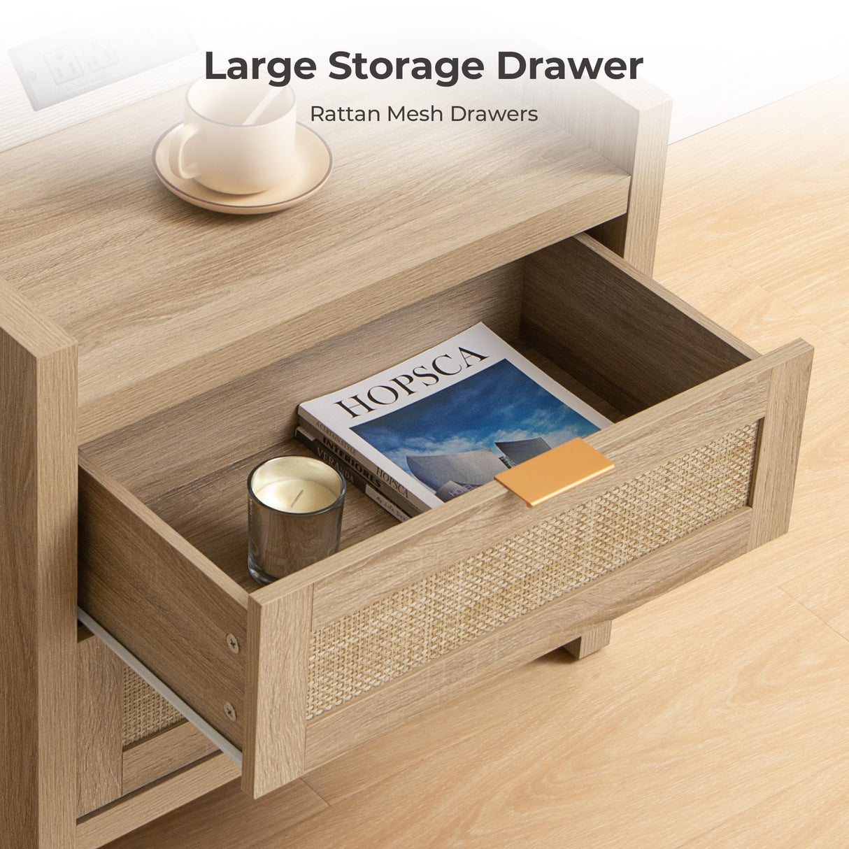 SICOTAS Rattan Nightstand Bedside Table : Wood Night Stand with Type-C Charging Station, 2 Drawers Storage - Boho Night Stands End Table for Bedroom - Light Oak SICOTAS