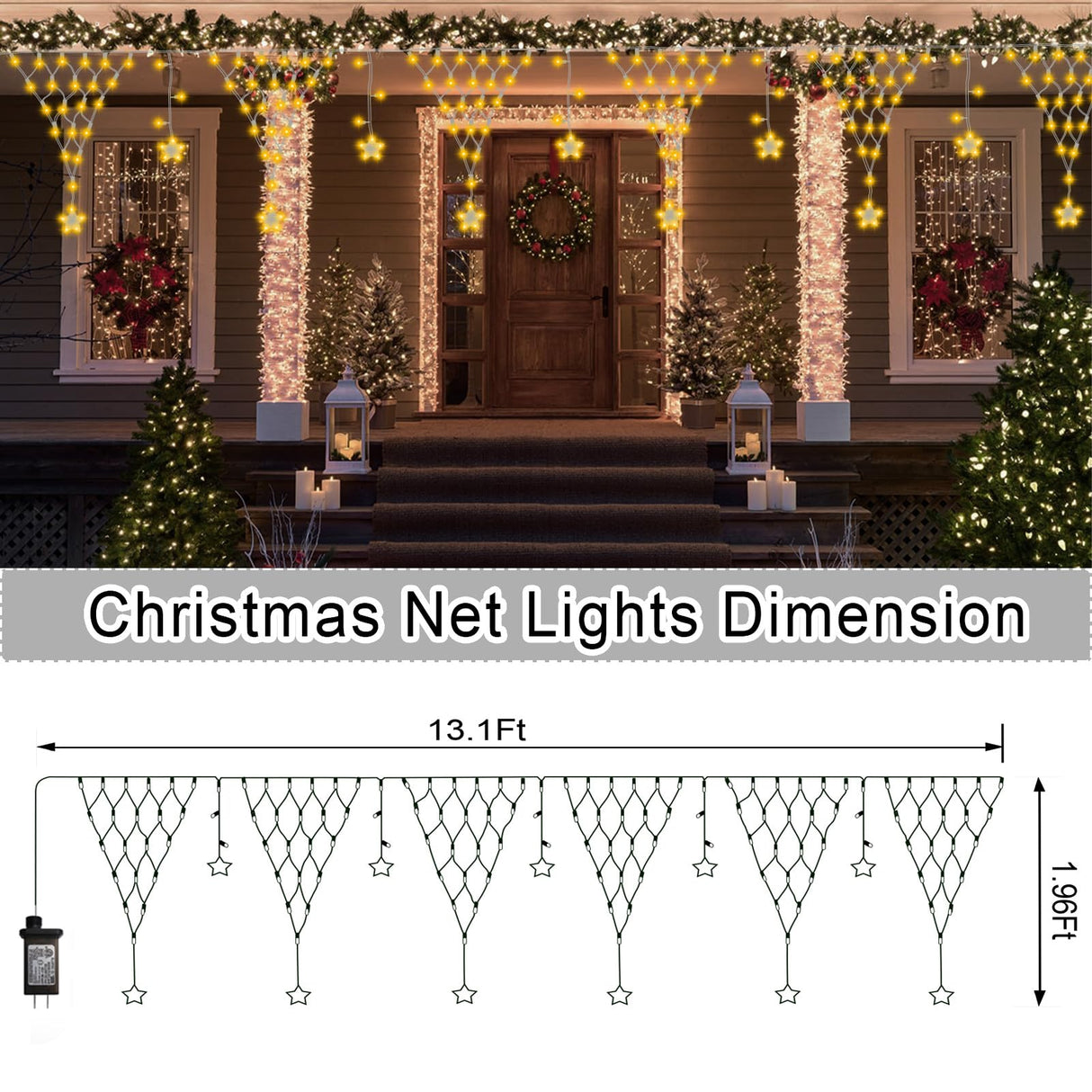 Christmas Net Lights,196 LED 13.1x1.9Ft Waterproof Outdoor Christmas Lights Net Lights Mesh Lights Mains Powered Timer Built in LED Net Lights Holiday Decor for Balcony Fence Roof Railing Wall DBFAIRY