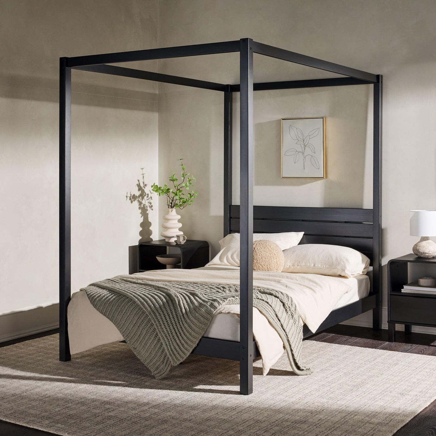 Walker Edison Full Minimalist Solid Wood Canopy Bed, Full Size, Black