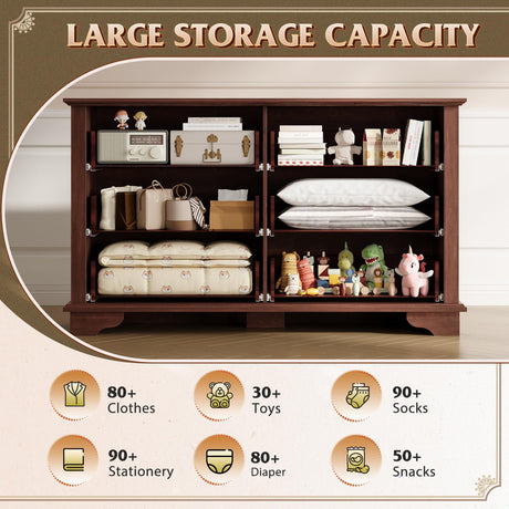 WLIVE Wood Dresser for Bedroom with 6 Drawer, 51.97'' Wide, Farmhouse Long Storage Dresser Organizer with Roman Metal Handle, TV Stand for 60 inch TV, Chest of Drawers for Living Room, Hallway, Brown WLIVE
