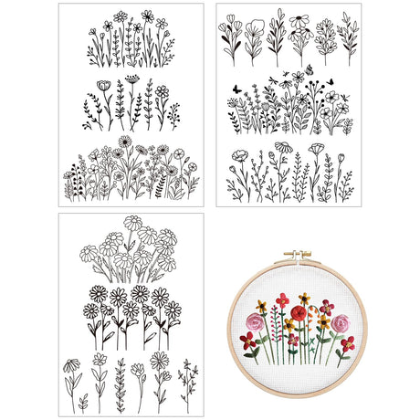 Water Soluble Embroidery Patterns Stabilizers - Rngmsi 3 Sheets Flower Stick and Stitch Embroidery Paper Wash Away 20Pcs Daisy Leaves Butterfly Embroidery Transfer Paper Stabilizers for Hand Sewing Rngmsi