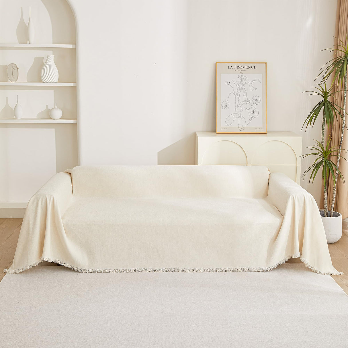 MYSKY HOME Boho Couch Cover Beige Sofa Covers with White Tassel Farmhouse Sofa Slipcover Simple Couch Protector for Dogs Chenille Sectional Couch Covers L Shaped Couch Cushion Covers, 91"x 134" MYSKY HOME