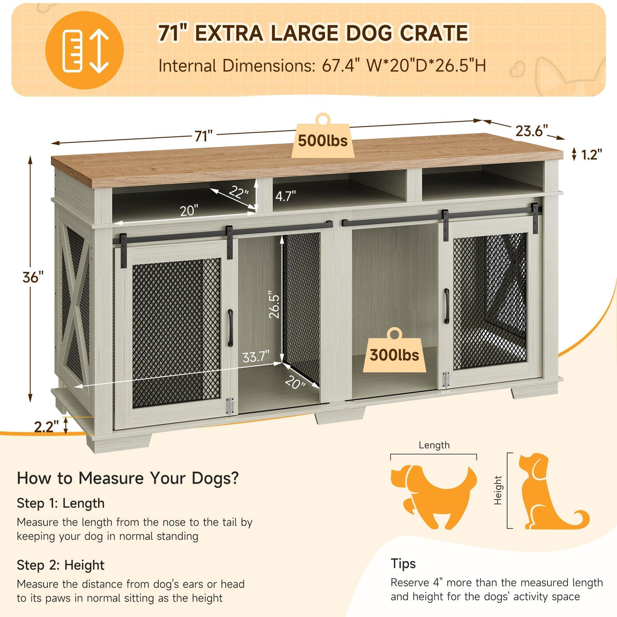 71" Dog Crate Furniture, Extra Large Wooden Double Dog Crate with 3 Storages and Removable Divider, Furniture Style Dog Crate Table Indoor TV Stand for Large Medium Dogs, White STMHOM