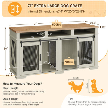 71" Dog Crate Furniture, Extra Large Wooden Double Dog Crate with 3 Storages and Removable Divider, Furniture Style Dog Crate Table Indoor TV Stand for Large Medium Dogs, White