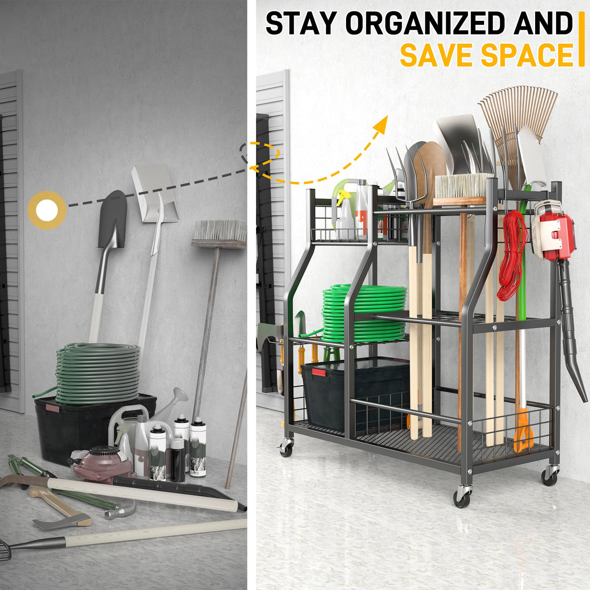 Ultrawall Garden Tool Organizer, Yard Tool Storage Rack for Garage Organization with Lockable Wheels, Garden Tool Stand for Rake, Brooms, Indoor & Outdoor Use Ultrawall