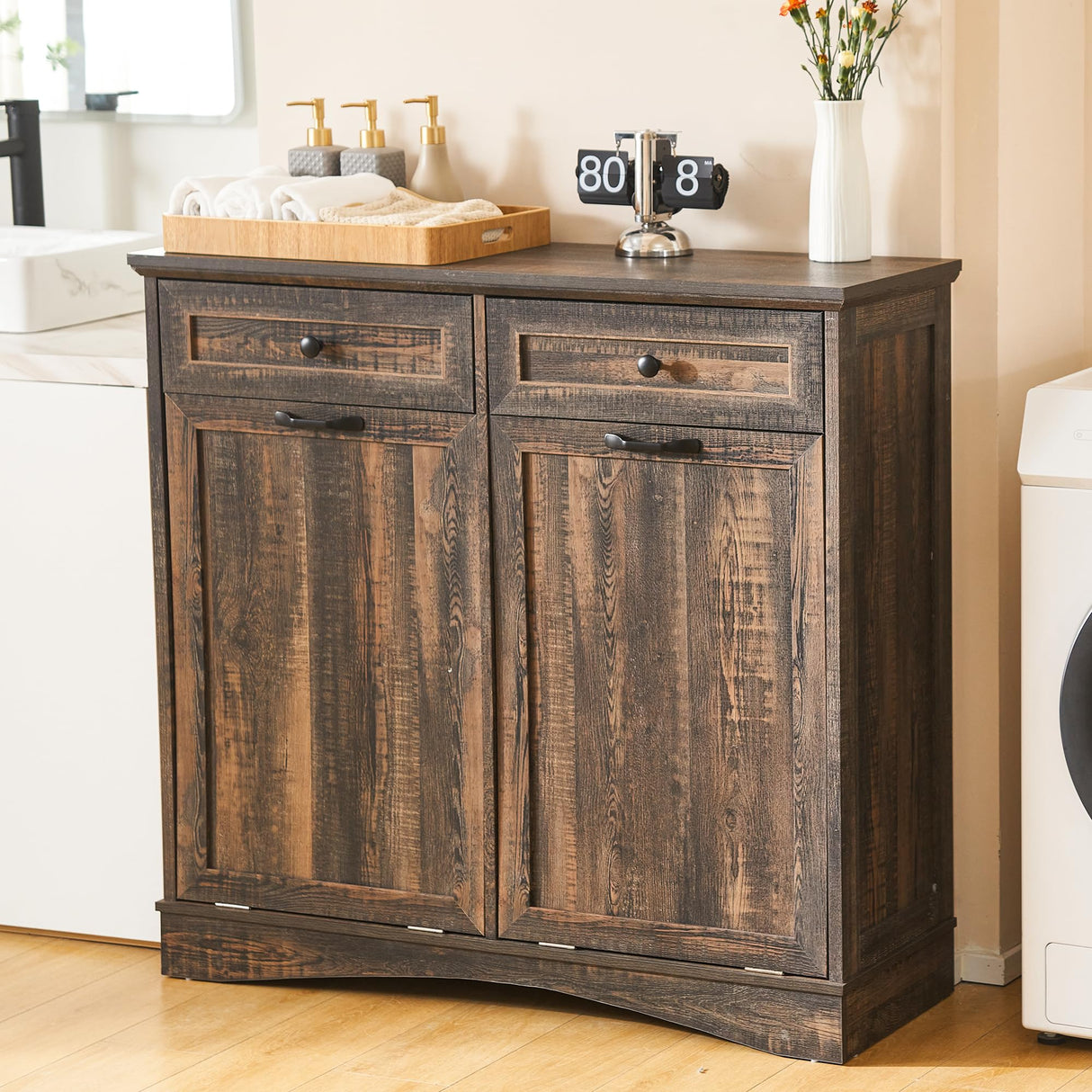 Spurgehom Double Tilt Out Trash Cabinet 13 Gallon Kitchen Waste Bins, Laundry Hamper Tilt Out Pet Proof Hidden Trash Bin for Kitchen,Rustic Black Spurgehom