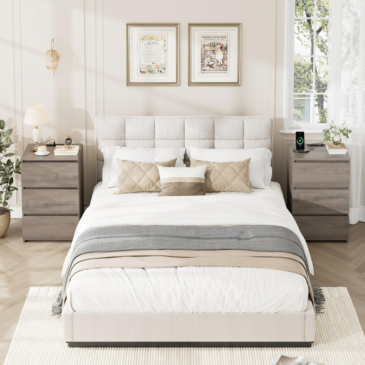 FOTOSOK Nightstand with Charging Station, Vintage Ash Grey Night Stand with USB Ports & Power Outlets, Silent Slides, Wooden End Side Table Bedside Table with 3 Drawers for Bedroom, Ash Grey FOTOSOK