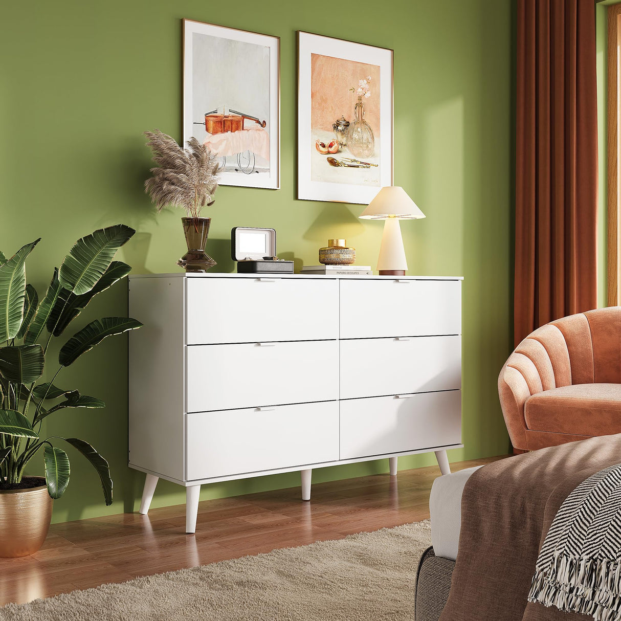 WLIVE 6 Drawer Dresser for Bedroom, 47.24'' Wide Wood Dresser, White Dresser Storage Organizer with Sturdy Metal Handle, TV Stand for 55 inch TV, Chest of Drawers for Living Room, Hallway, Closet WLIVE