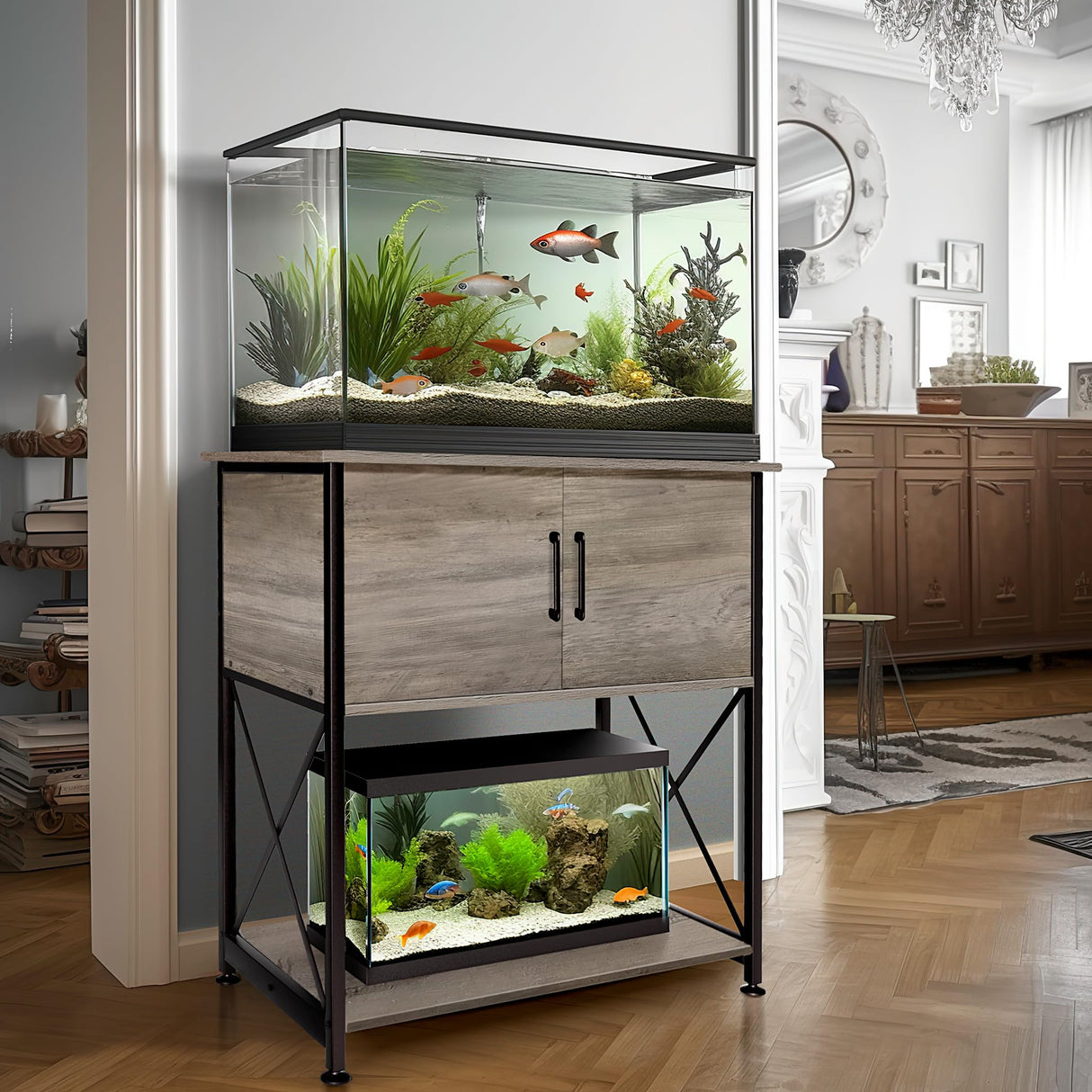 Herture 20-29 Gallon Aquarium Stand Metal Frame Fish Tank Stand with Cabinet Storage, for 20 Gallon Long Aquarium,30.7" L*16.5" W Tabletop,330LBS Capacity Grey PG01YGZ Herture