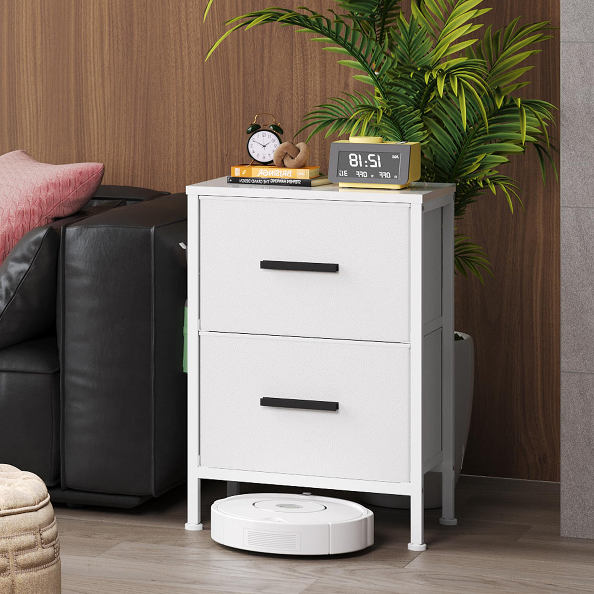 EKNKOZY Nightstand 2 Drawer Dresser, Set of 2 Vertical Side Table with Fabric Drawers and 2 Side Hooks, End Table, Bedside Table, Night Stand and Small Dresser for Bedroom, Hallway, Entryway, White EKNKOZY