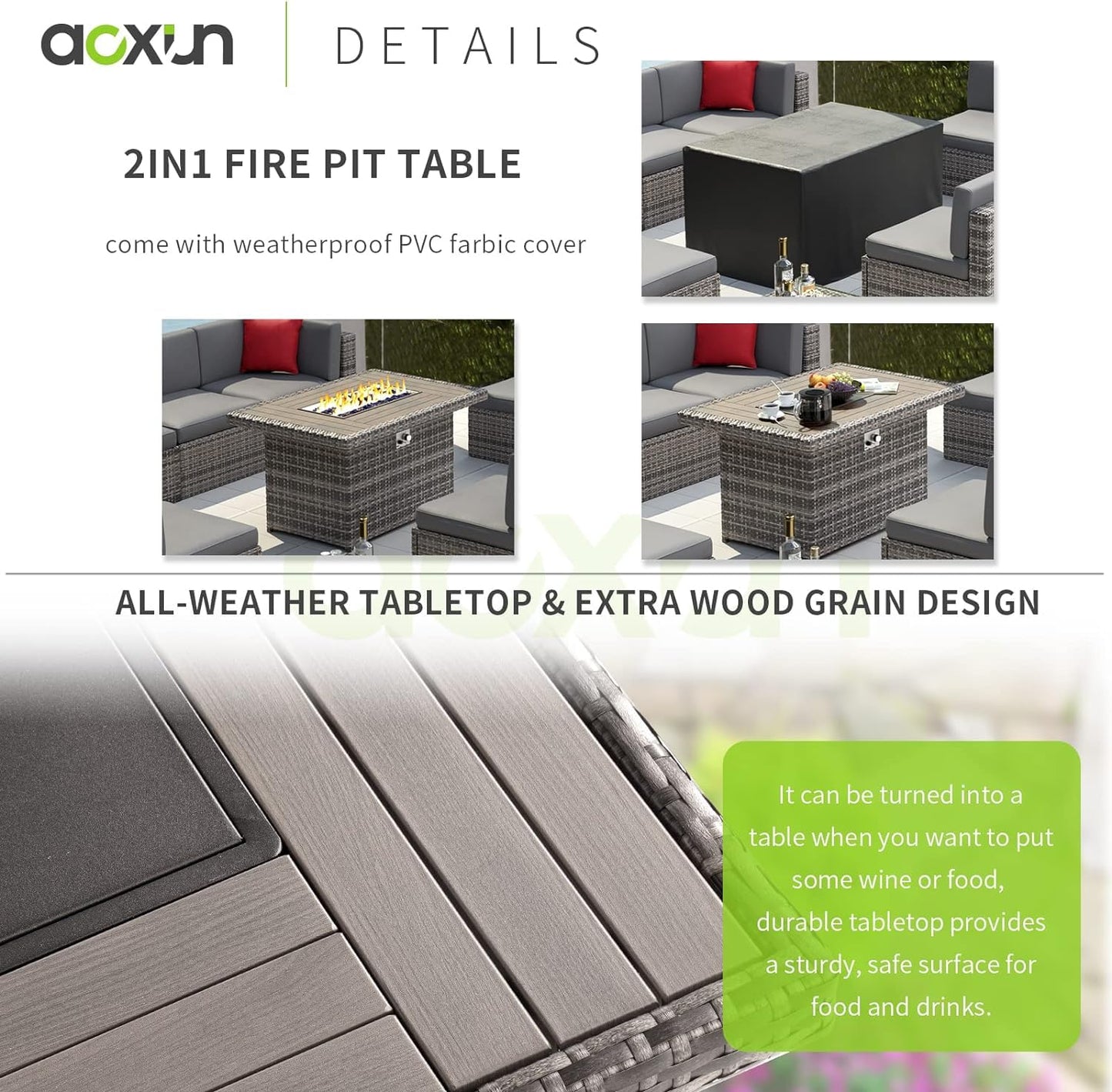 Aoxun 8-Piece Patio Furniture Set with 40” Fire Pit Table Wicker Rattan Conversation Set Outdoor Sectional Sofa with Removable Cushions and Coffee Table (Gray)