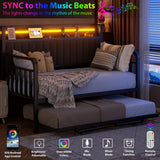 Daybed with Trundle and LED Light, Heavy Duty Metal Twin Bed Frame with Upholstered Storage Headboard & Charging Station, Day Bed Pop Up Trundle Bed Twin for Living Room,Bedroom and Guest Room, Brown Jocoevol