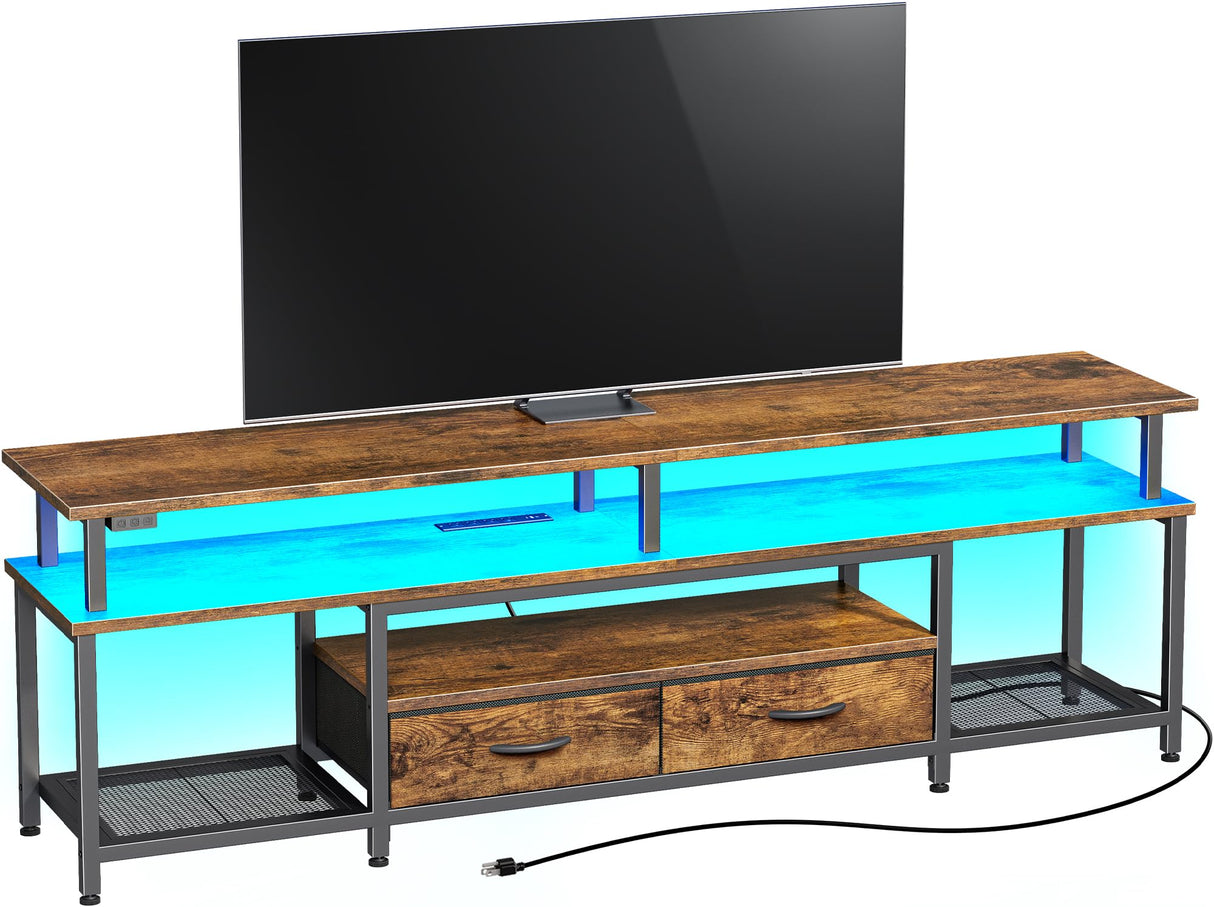 Huuger TV Stand for 65, 70, 75 Inch TV, Entertainment Center with Power Outlets and LED Lights, TV Console for Living Room, Media Console with Drawers and Shelves, Rustic Brown Huuger
