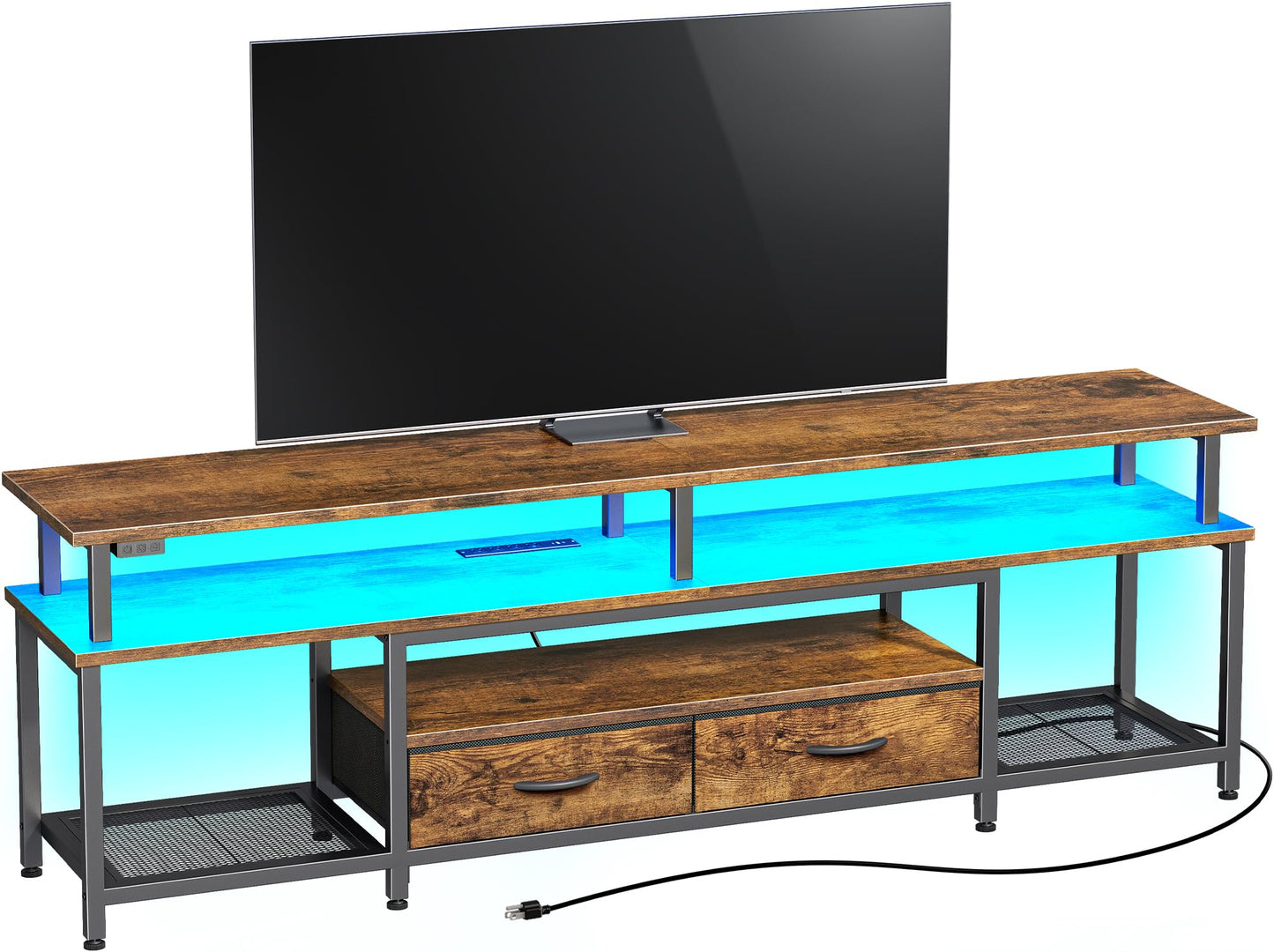 Huuger TV Stand for 65, 70, 75 Inch TV, Entertainment Center with Power Outlets and LED Lights, TV Console for Living Room, Media Console with Drawers and Shelves, Rustic Brown - WoodArtSupply