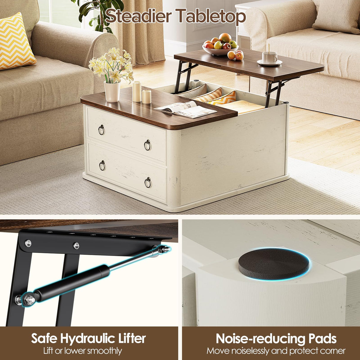 Memobarco 31.5" Lift Top Coffee Table with Storage,Square Coffee Tables with Lifting top for Living Room,Farmhouse Coffee Table with Storage Drawers and Large Hidden Compartment,Rustic White+Walnut Memobarco