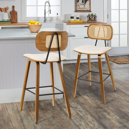 Mid-Century Modern Wood Bar Stools Set of 3 with Rattan Back and PU Leather Seat - 26" Cream White Counter Height Chairs