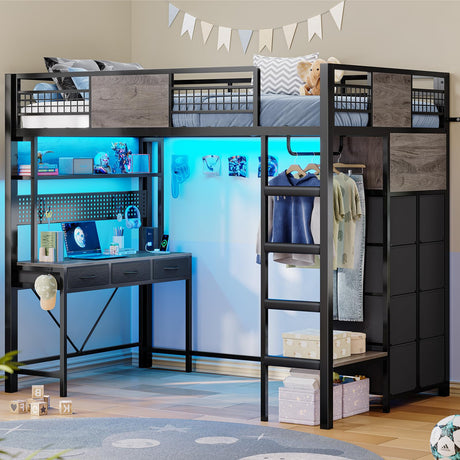 ADORNEVE Loft Bed Twin Size with Desk, 11 Storage Drawers, Metal Kids Loft with RGB Lights, Charging Station, Shelves & Clothing Rack, 13.4" H Safety Guard & Paded Ladder, Black & Grey ADORNEVE