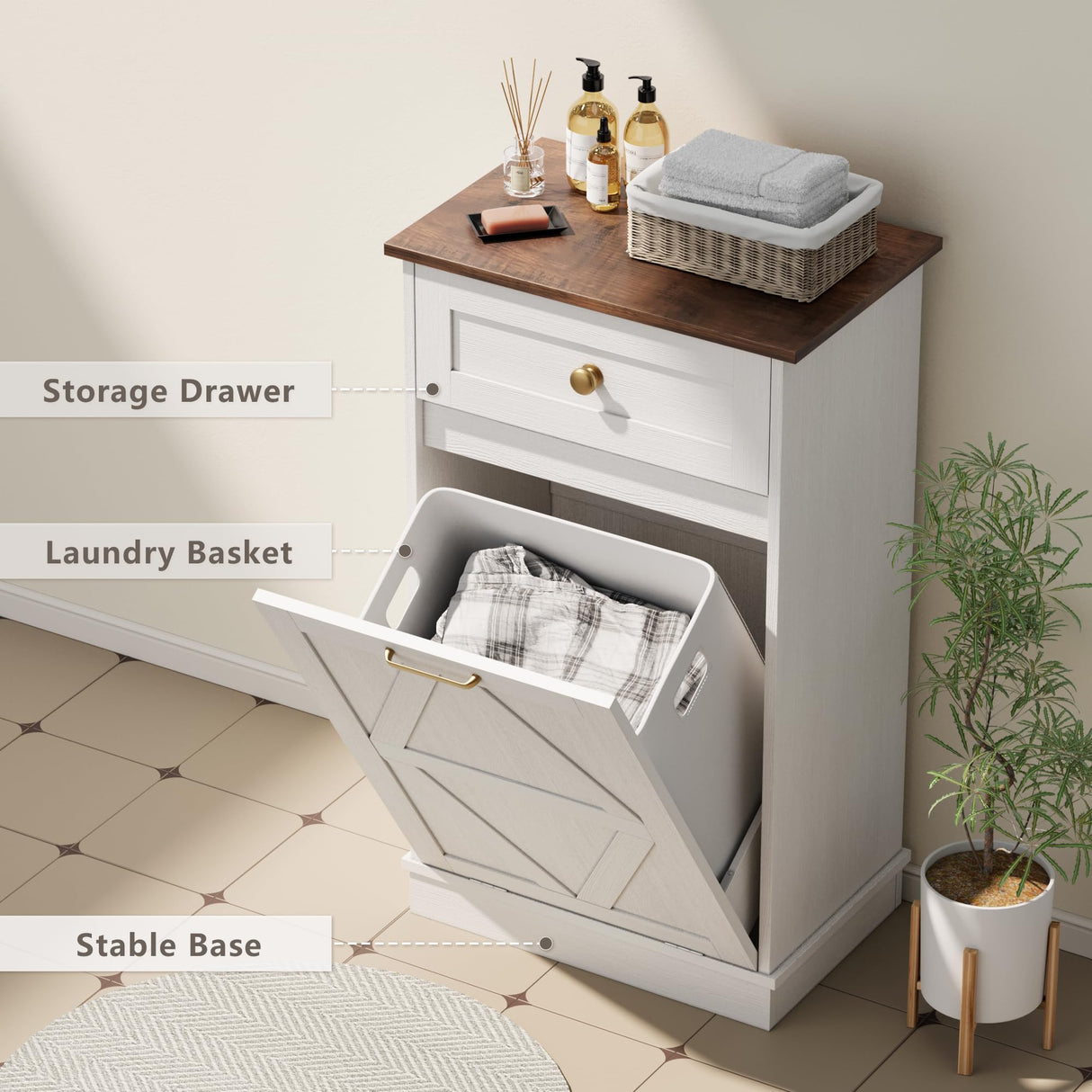 YESHOMY Tilt Out Trash Cabinet,10 Gallon Hidden Wooden Bin Cabinets, Laundry Hamper with Drawers, for Kitchen, Dining Room(Light White) YESHOMY