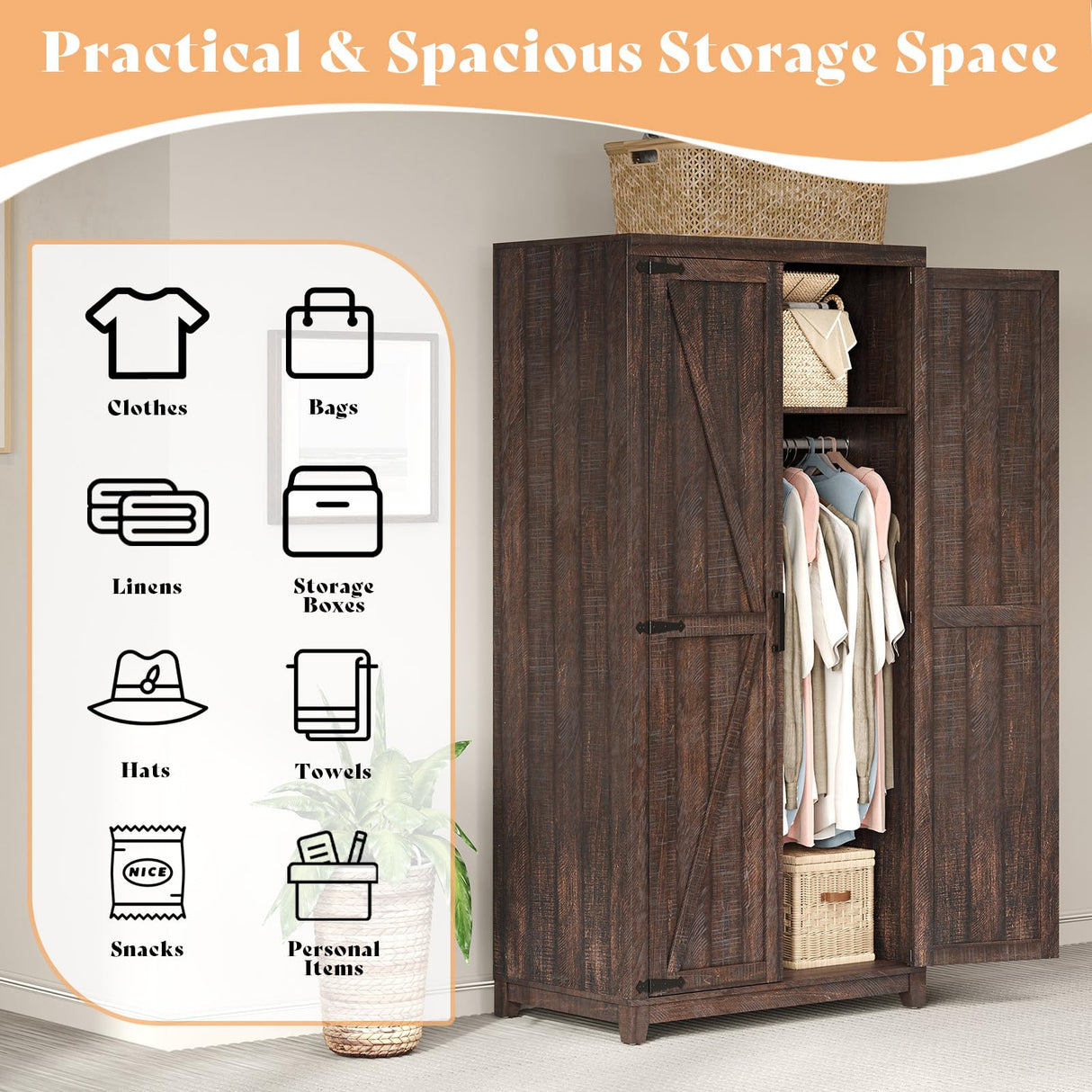 AMERLIFE Farmhouse Armoire Wardrobe Closet with 2 Barn Doors, 71'' Storage Cabinet with Hanging Rod & Shelf, Versatile Clothing Storage for Bedroom, Espresso AMERLIFE