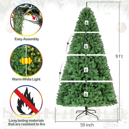 Hykolity 9 ft Prelit Christmas Tree, Artificial Christmas Tree with 600 Warm White Lights, 2100 Branch Tips, Metal Stand and Hinged Branches