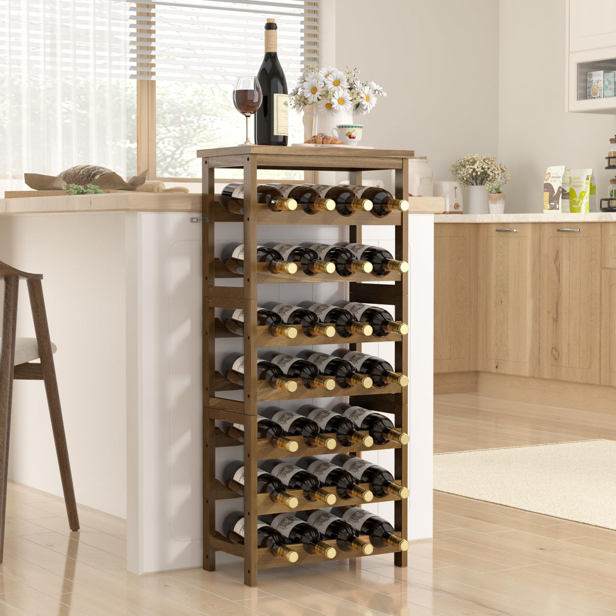 28-Bottle Wine Rack Free Standing Floor, Solid Wood 7-Tier Display Wine Storage Shelves with Tabletop, Wobble-Free Bottle Holder for Cellar Kitchen Bar Dining Room Living Room, Light Brown FLYJOE