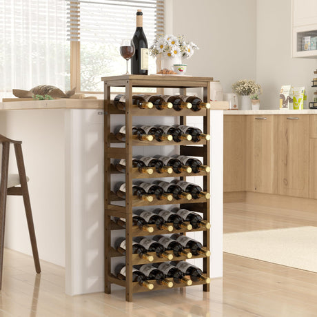 28-Bottle Wine Rack Free Standing Floor, Solid Wood 7-Tier Display Wine Storage Shelves with Tabletop, Wobble-Free Bottle Holder for Cellar Kitchen Bar Dining Room Living Room, Light Brown FLYJOE
