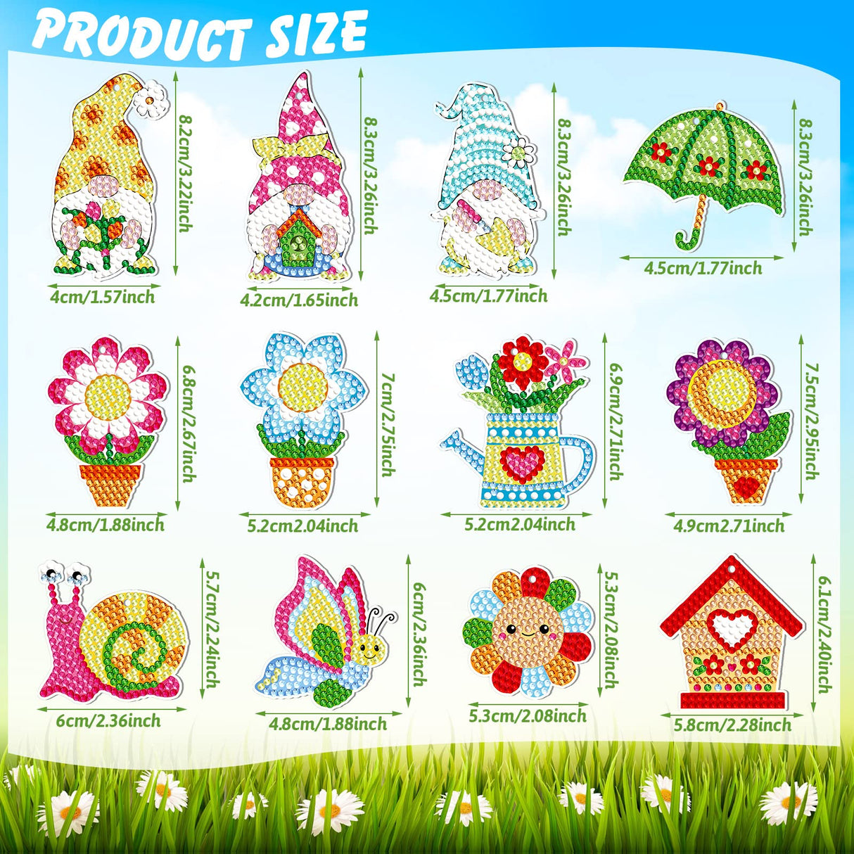 12 Pieces Spring Diamond Painting Keychain 5D DIY Diamond Painting Kit Spring Hanging Diamond Art Kits Flower Gnome Butterfly Spring Ornaments for Kids Crafts Family Decor Ferraycle