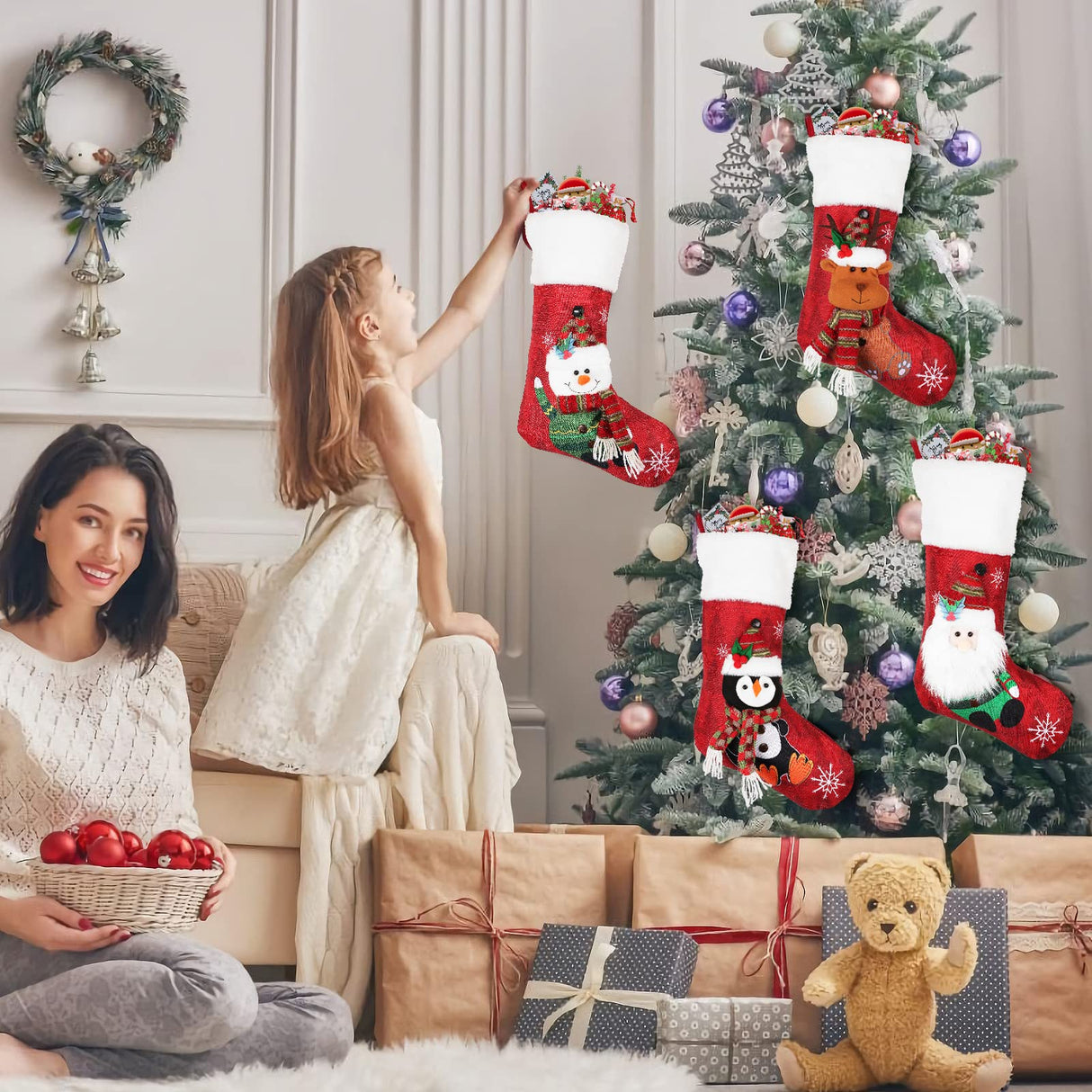 COOLWUFAN Christmas Stockings 4 Pack, 19'' Xmas Stockings with Snowflake Santa Snowman Reindeer Penguin and Plush Faux Fur Cuff Stockings for Stairs Fireplace Hanging Xmas Home Decor COOLWUFAN