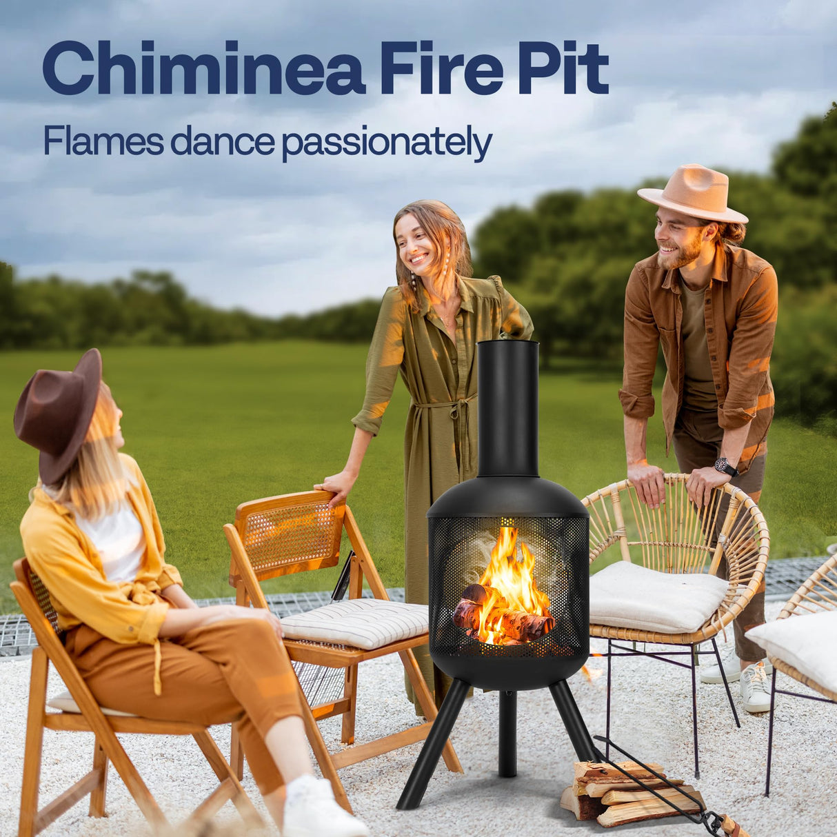 VIVOHOME 46 Inch Chiminea Outdoor Fireplace, Cold-Rolled Steel Wood Burning Fire Pit with Mesh Design, Top Chimney Cover, and Fire Poker Ideal for The Patio, Garden, and Backyard Black VIVOHOME