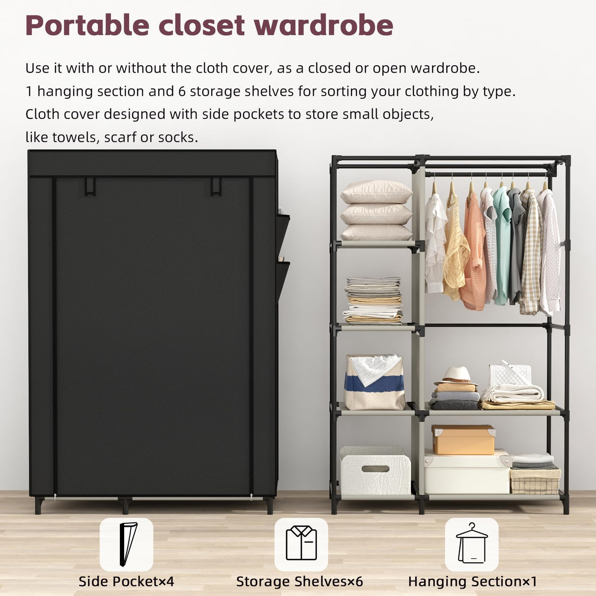 Calmootey Portable Closet Organizers, Clothing Storage, Wardrobe with 6 Shelves and Hanging Rod, Non-Woven Fabric Cover with 4 Side Pockets, Black Calmootey