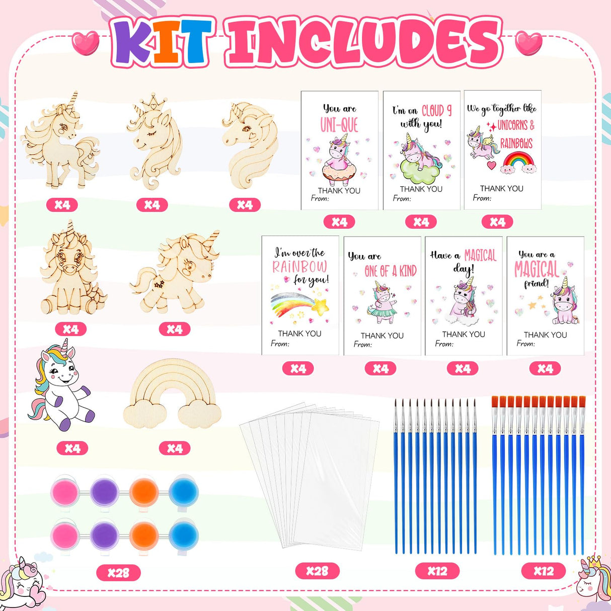 Leinuosen 28 Sets Unicorn Party Favors Wood Painting Craft Kits with Art Supplies and Inspirational Cards Thank You for Coming Gifts for Summer Birthday Party Goodie Bag DIY Prizes Leinuosen