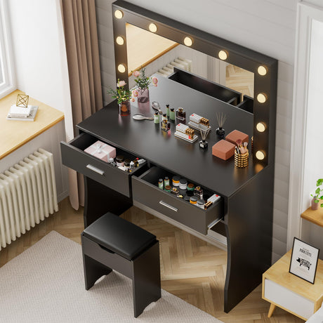YESHOMY Vanity Desk with Mirror, Makeup Table with 11 Adjustable LED Lights and 2 Spacious Drawers, Soft-Padded Storage Stool, 3 Lighting Modes with Control, for Bedroom, Black YESHOMY